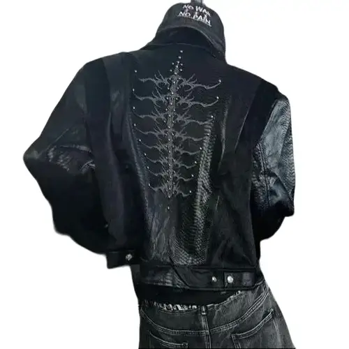 Unisex Darkwind Long-Sleeve Loose Casual Leather Jacket - Patchwork Design, Snake Print, Tropical Diamond Dragon Pattern, Velour Panels, Chic Streetwear, Niche Fashion, Couples' Basic, for Everyday Commuting, Party Use