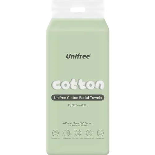 Unifree Cotton Facial Wipes, Ultra Soft Thick Plant-Based Fragrance-Free Towels, Highly Absorbs, Gentle Skin for Skincare & Daily Cleansing, Biodegradable Disposable Bathroom Towels, TikTokShopBackToSchool Home Supplies