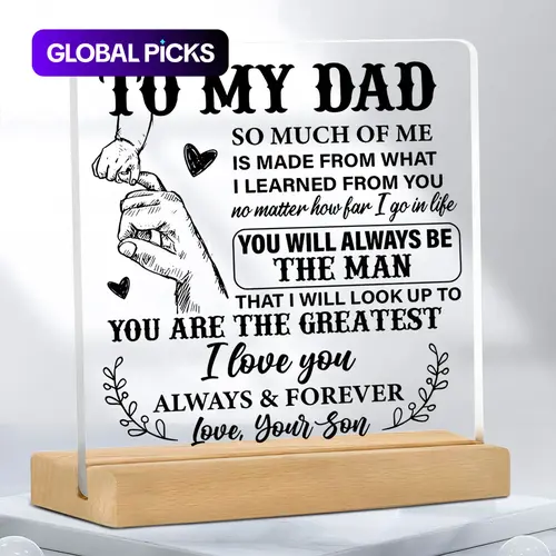 To My Dad Letter-Printed Acrylic Ornament, Creative Desktop Decoration Plaque for Home & Office, Acrylic Plaque Sign with Wooden Base, Desk Decoration, Ideal for Dad Gifts #GLOBAL PICKS