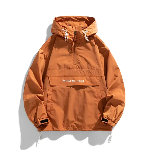Men's windproof hooded jacket with semi zip design provides reliable warmth, suitable for outdoor activities in spring and autumn, ideal for casual sportswear
