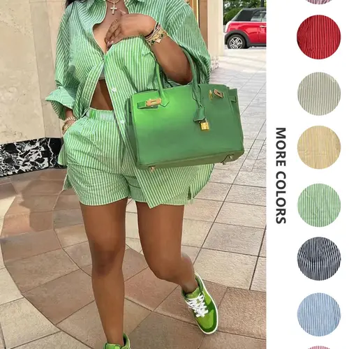 European Women's Summer New Vacation Casual Collared Shirt Two-Piece Set, Striped Long Sleeve Fitted Suit, Adjustable Elastic Waist Design, Matching Outfit Set, Clothes Set