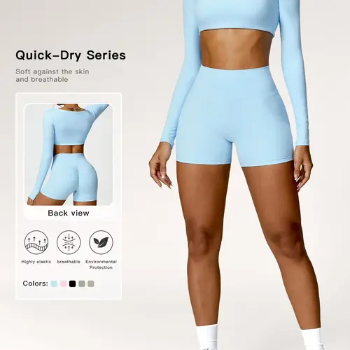 Women's Solid Long Sleeve Crop Tee & High Waist Shorts Tracksuit Set, Gym Workout Sets, Sporty Square Neck Top & Short Leggings for Yoga, Ladies Activewear, Athleisure Activewear, Activewear Fitness Outfit