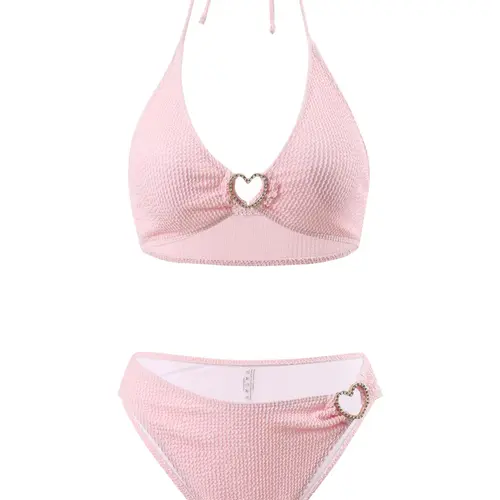 Women's Rhinestones Heart Decor Tie Back Bikini Set, Halter Neck Bikini, Halter Wireless Swim Top & High Cut Swim Bottom, Ladies Summer Swimwear for Beach Holiday Vacation, Summer Swimsuit Set, Bikinis Set