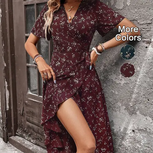 Women's Ditsy Floral Wrap Dress, Lace-Up Midi Dress with Side Tie Design, Boho Style Short Sleeve Fitted Dress, Unlined Flower Print Dress, Floral Woven Dress