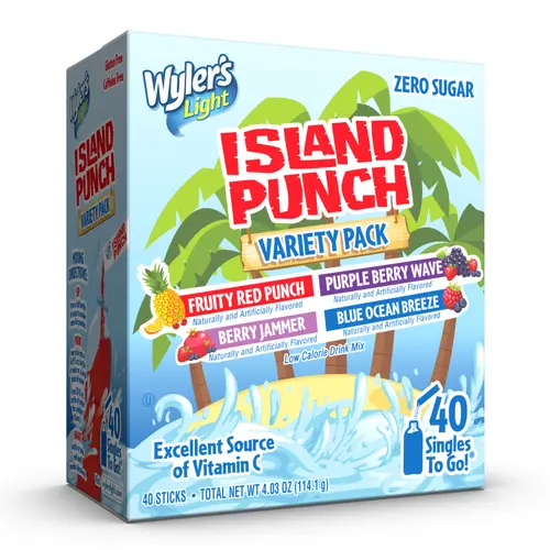 Wyler's Light Island Punch Hydration Powder Variety Pack - 40 Single Servings, Vitamin C, Sugar Free, Low Calories, No Added Sugar (Fruity Red Punch, Purple Berry Wave, Berry Jammer, Blue Ocean Breeze)