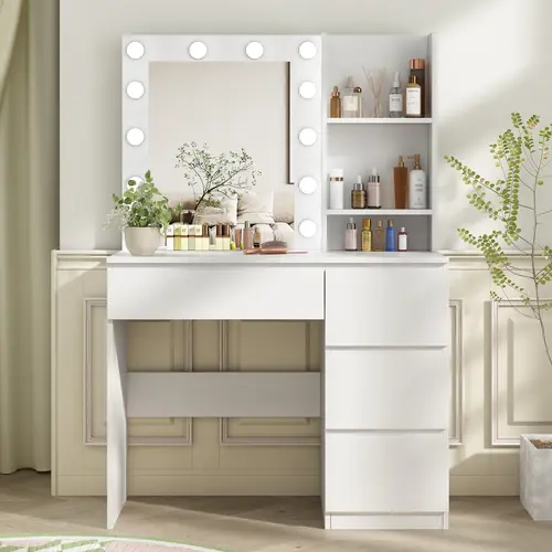 [SohoChic] Vabches Modern White Makeup Vanity, 37 in Makeup Desk with Power Strip, Lighted Mirror (3 Lighting Colors) and 4 Storage Drawers,dorm essentials,home decor