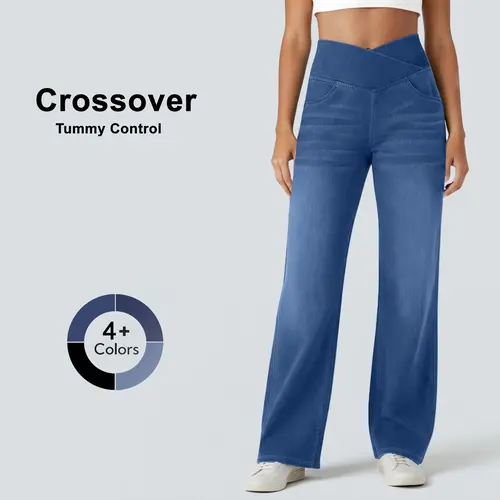 FireSwan Women's Greenish 2026 Crossover High-Waisted Tummy Control Knit Denim Jeans, Casual Straight Wide-Leg Denim Clothes with Pockets for Outdoor Fun #TikTokShopSpringGlowUp,summerwins,back to school shopping