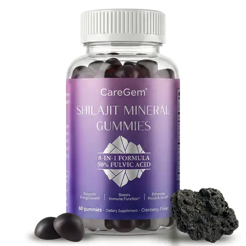 CareGem Organic Natural Shilajit Gummy Dietary Supplement, 8-in-1 Complex with Ashwagandha, Ginseng, Collagen, 50% Fulvic Acid, 85+ Trace Minerals, Boosts Energy, Stress & Immune Support, Cranberry Flavor, 60ct Vitamin