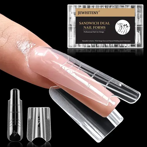 JEWHITENY 280 PCS Sandwich Nails Dual Forms:short square Reusable Nail Forms with Guide Lines,14 Sizes Nail Mold for Nails Extension,Salon & Home DIY Nail Art Tools