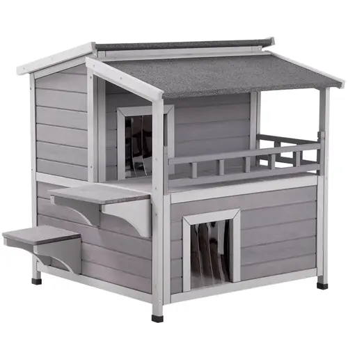 Aivituvin-AIR33 Solid Wooden Kitty House - Indoor/Outdoor Cat Enclosure with 2 Front Doors, Curtain Door Cover, 10.9 ft² Spacious Area, Rainproof Roof, Raised Base Keeps Floor Dry and Clean, Easy Cleaning Pet Furniture