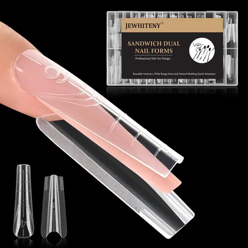 JEWHITENY 280 PCS Sandwich Nails Dual Forms:Long Coffin Reusable Nail Forms with Guide Lines,14 Sizes Nail Mold for Nails Extension,Salon & Home DIY Nail Art Tools