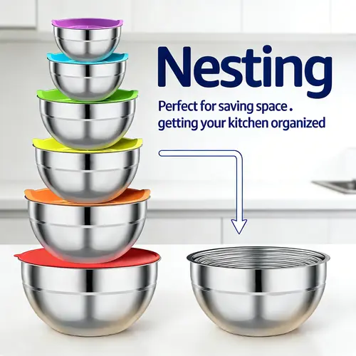9pcs Classic Multi-Size Rustresist Stainless Steel Nesting Mixing Bowls Set with Airtight Snap-Lock Freshness Lids, 3 Grate-in-the-Bowl Attachments, Ergonomic Design for Adult Kitchen Tableware (4.5,3.5,2.1,1.5,1.1,0.7QT, 2000+Ml)