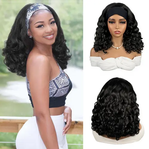 Lush Haute Yaki Curly Synthetic Headband Wig for Women - Kinky Straight Black Headband Curly Ends Wear and Go Glueless Half Wig with Headbands Attached