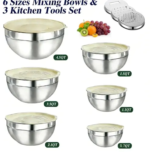 6 pcs Stainless Steel Mixing Bowls Set Non Slip with Colander and Lids Set with 3 Greater Attachement, Nesting Storage Bowls for Kitchen, Size 4.5, 3.5, 2.7, 1.5, 1.2, 0.85QT for Salad Vegetabe Meat Prepare Cooking Home Tableware,familyfun