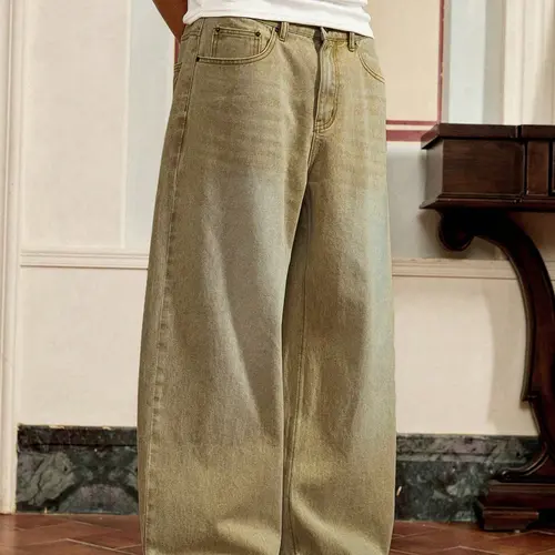 Men's High Street Style Vintage Washed Loose Fit Jeans, Loose Boyfriends Jeans, Trendy Distressed Wide-Leg Trousers, Versatile Fashion Apparel