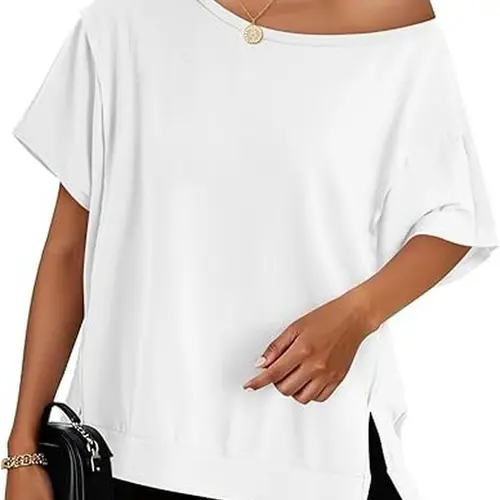 Yousify Women's Oversized Knit Top Wide Neckline Short Sleeve Batwing Pullover One-Shoulder Casual Solid Color Knitwear Basic Minimalist,summerwins,summeroutfits,vacationoutfits,beachoutfits,back to school,back to school shopping