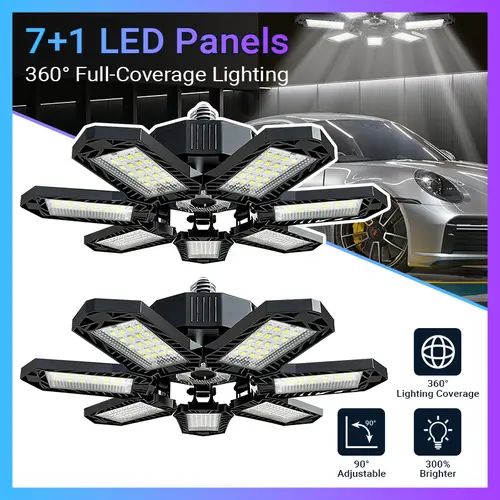 FOLDABLE GARAGE LIGHT 600W Deformable Bright Shop Ceiling Bulb Lamps E26/E27 6500k Barn Warehouse Garage Foldable 7+1 Panel Work Light Super Bright Illumination Easy Installation