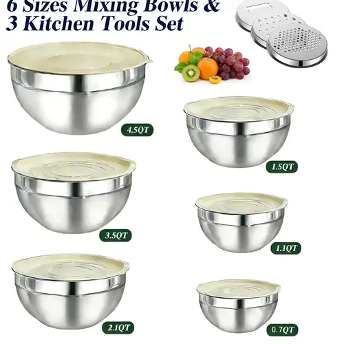 9pcs Classic Stainless Steel Nesting Mixing Bowls Set with Lids & 3 Grate Attachments - Durable, Rustproof Steel, Ergonomic Kitchenware for Mix, Store, Serve - 4.5,3.5,2.1,1.5,1.1,0.7QT Sizes