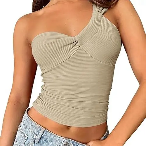 Yousify Womens One Shoulder Tank Tops Sleeveless Ribbed Knit Shirts Summer Y2K Fitted Tops for Casual Wear Black Ribbed Design High-Quality Fabric Soft Breathable Comfortable, Tops For Women, Slim Fit