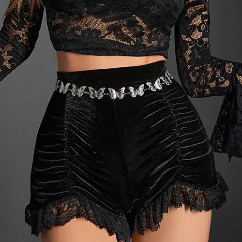 Women's Contrast Lace Ruched Velvet Shorts without Waist Belt, Mini Shorts, Goth Asymmetrical Hem High Waist Fitted Skinny Shorts for Party Festival Holiday Vacation, Ladies Bottoms for All Seasons