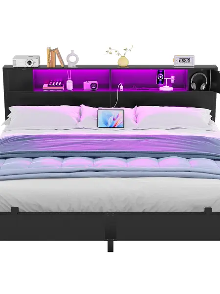 Homieasy Bed Frame with Storage Headboard and Charging Station, Luxury Cool Bed Frame with LED Lights, Steel Slat Support, No Box Spring Needed, Noise-Free, Easy Assembly