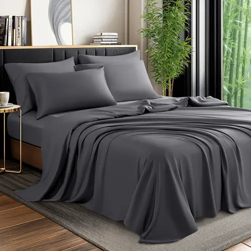 Shilucheng Bamboo Viscose Queen/Cal King Size Dark Grey 4/6-Piece Comfy Bed Sets, OEKO-TEX Certified All-Season Cooling Bedding, 16" Deep Pocket Fitted Sheets, Anti-Mite Breathable Wrinkle Resistant Hot Sleeper Solutions