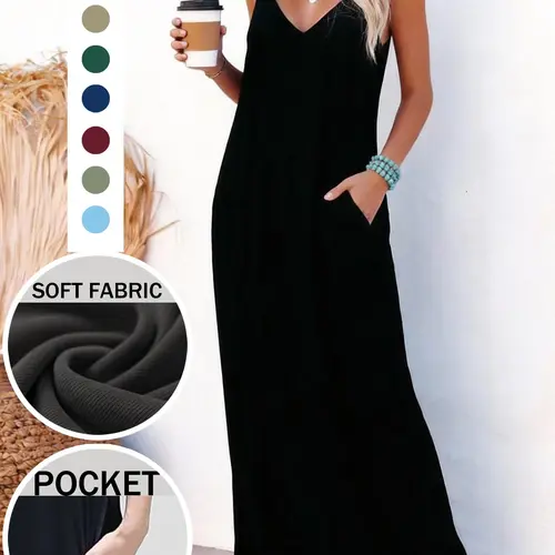 Women's Casual Sleeveless Spaghetti Strap Maxi Dress, Summer Loose-Fitting Beachwear, Side Pockets Design, Perfect for Home & Outdoor Use, Minimalist, Elegant Summer Fashion