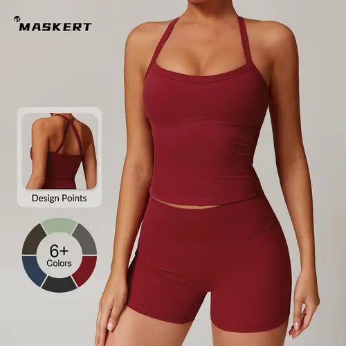 MASKERT Women's 2-Piece Athletic Stretchable Sports Set - Crop Cami Tank Top, High-Waist Skinny Fitness Shorts for Yoga, Gym Workout Activewear (TikTok Shop Back to School), Fitness Shorts Set,Athleisure Set