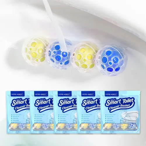 HERB ANGEL Lemon Fresh Solid 4-in-1 Rim Hanger Household Safe Toilet Cleaning Products, 4-Ball Hanging Basket, 5 Total Bags for Home Essentials, Safe Toilet Cleaners