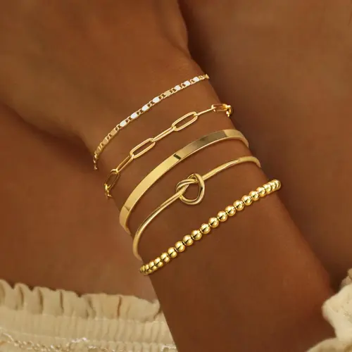 TEWIKY Bangles Bracelet Set For Women Trendy Adjustable Bead Bracelet 5pcs Cuff Bracelet Link Bracelet Non Tarnish Jewelry For Women Girls Back To School