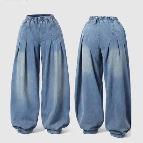 Lady's Slouchy Wide-Leg Jeans - Soft Cotton Modal Blend Denim Trousers with an Elastic Waist for Casual Everyday Wear and Travel