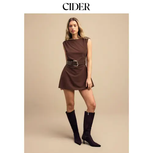 Cider Boat Neck Ruched Belted A-line Mini Dress