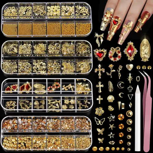 4-Box 3D Gold Nail Charms & Gems Set - Cross, Heart Rhinestones, Pearls, Art Tools, Nail Accessories - Stays Put, Ideal for Parties, Dates, Selfies, Design Supplies