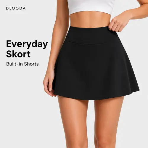 DLOODA Women's High-Waist Athletic Skort - Plain Flared Stretchy Polyester Above-the-Knee Skort for Golf, Tennis, Casual Wear