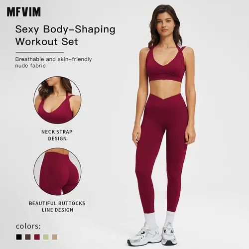 MFVIM Women's Two-Piece Colorblock Yoga Set, High-Waisted Ribbed Casual Fitness Sportswear, Versatile for Gym Workout