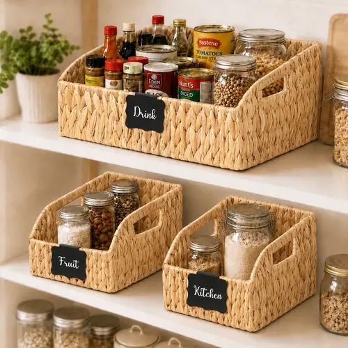 STYLAVE 3-Pack Handwoven Degradable Storage Baskets, Slanted Front House Organizers with Handles & Chalkboard Labels, Water Hyacinth-Paper Brown Wicker Bins for Home Supplies, Entryway/Hallway, Nursery/Kids’ Room