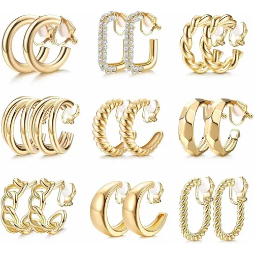CASSIECA Chunky Clip Hoops Earrings Stacks 14K Gold-Plated Non-Pierced Tear Drop Earrings for Women, Daily Wear Fake Costume Jewelry Summervibes