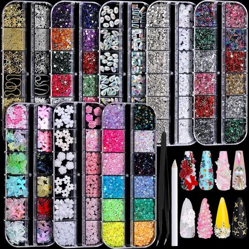 Nail Rhinestones Kit with 8 Boxes of Nail Gems, Nail Charms, 3D Charms for Nails, Colorful Clear Flatback Rhinestones, Charms Y2K for Nails, Multi Shape Pearls Jewels for Crafts, Nail Art Kit, Sparkly