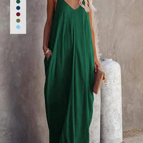 Women's Summer Casual Sleepwear Nightgown Loungewear Slips Dress, Sleeveless Nightdress, V-Neck Long Dress with Side Pockets, Wearable Outdoors, 1 Piece Set