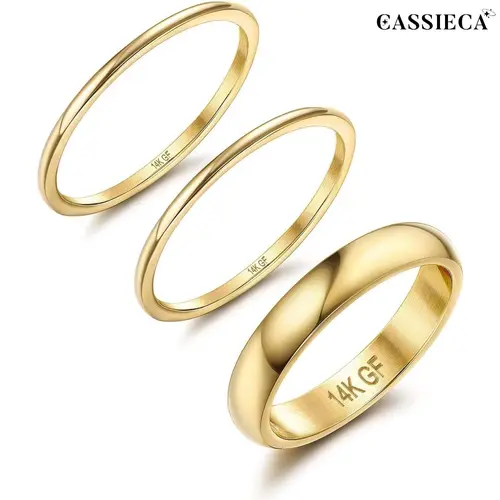 CASSIECA 14K Plated Gold Filled Rings for Women Girls Stacking Rings Stackable Thin Gold Rings Simple Plain Pinky Thumb Statement Band Ring Comfort Fit 3Pcs 1mm 3mm, Geometric, Thin Bands Summervibes