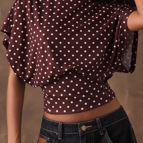 Burgundy Polka-Dot Crop Top, Mock Neck Oversized Short-Sleeve Top, Casual Everyday Y2K Aesthetic, Perfect New Year Shirt for Going Out and Commuting, Blouse