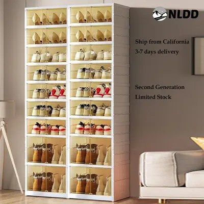 NLDD Expandable 9-Tier Shoe Rack with Clear Doors and Wheels: Collapsible Plastic Storage for 18 Pairs, Space Saving Cabinet for Bedroom Box Boxes, Shoe Box