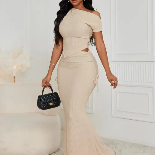 Two-Piece Set Women's Solid Asymmetrical-Neck Crop Tee & High-Waist Mermaid Skirt, Elegant Chic Hanky-Hem Fit Short-Sleeve Top & Ruched Adjustable Drawstring Skirt for Everyday Outdoor Wear, Ladies' Clothes for All Seasons, Womenswear, High Waisted Sets