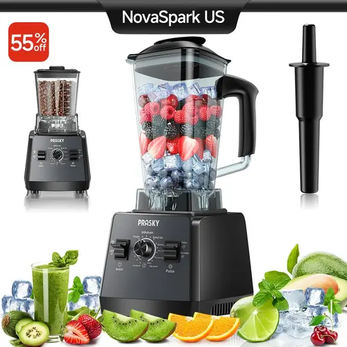 Prasky Professional Countertop Blender & Grinder Combo - 2L/68oz, 2-Cup, 2400W Max/1000W, 25000RPM, BPA-Free 2 Containers, Multi Use Blending, Thermal Cut-Off Protection, Oversize Feeder Mouth, Reverse Speed, Safety Lock, Ice Crushing, Juice Making, Smoot