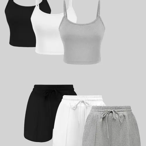 Women's Solid Ribbed Crop Spaghetti Strap Cami Top and Drawstring Waist Shorts Set, Casual Sleeveless Crop Tank and Shorts for Summer, Ladies Clothes for Daily Wear, Matching Clothing Set for Women, Minimalist, Tops Shorts Set, Summer Sets