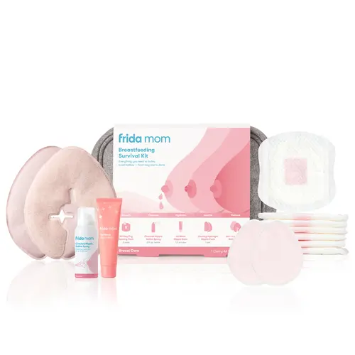 Frida Mom Breastfeeding Survival Kit with Carry-All Case, Hot & Cold Breast Relief Packs, Hydrogel Nipple Pads, Cracked Nipple Saline & More