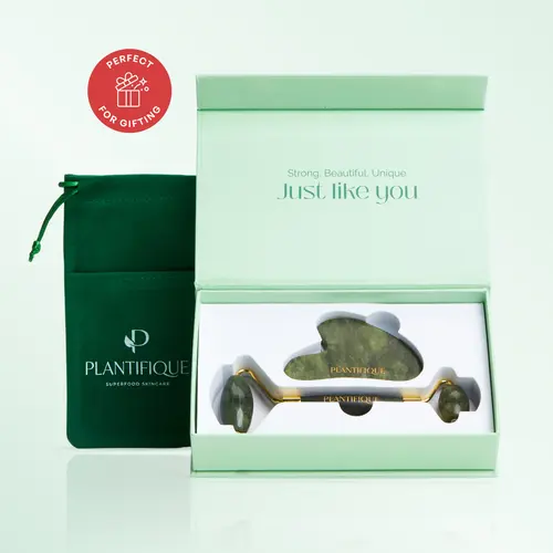 Plantifique Solid Natural Jade Face Lifting Roller & Gua Sha Self-Care Tool Gift Set for Adults - Reduces Puffiness, Sculpts Jawline, Cools Massage, Anti-Wrinkle, Fades Dark Circles, Evens Tone & Texture, Fits All Skin Types, With Storage Pouch