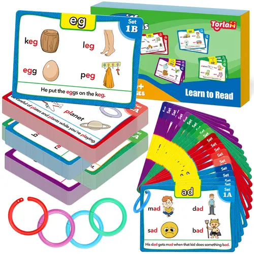 Torlam Educational Flash Cards for Ages 4+, Kids Toys & Classroom Must-Haves with Interactive Color-Coding, Alphabet Learning, Vocabulary Building, 4 Levels of CVC, Digraphs, Blends, Long Vowel Sounds for Phonics Practice