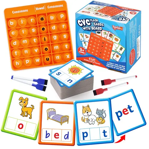 Torlam Language Learning Flash Cards - CVC Word, Phonics, Sight Word, 2-Level Vowel Spelling Tools for Toddlers, Preschool Homeschool Supplies, Activity Cards (Educational Language Toys)