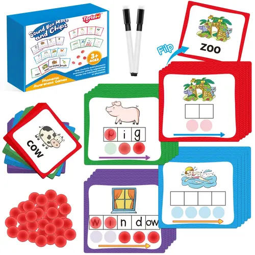 Torlam Elkonin Boxes Phonemic Awareness Phonics Game Set - Language Learning Flashcards, English Cards, Learning Cards, Sight Word Flashcards for Homeschooling Manipulatives